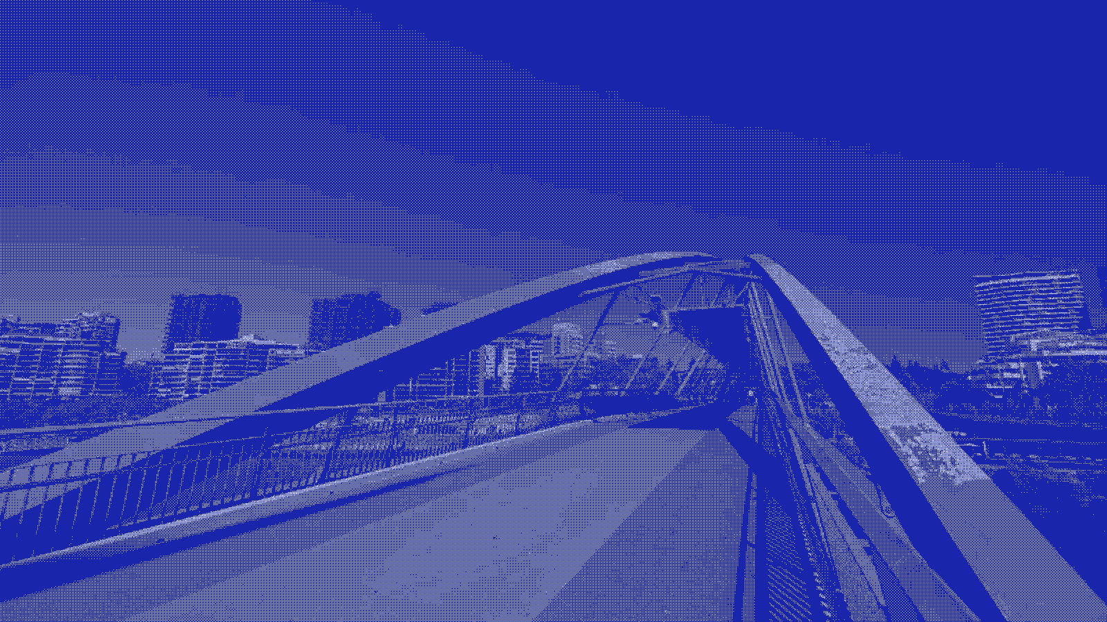 The Goodwill Bridge in Brisbane, its steel arch and cables rendered as a blue two-tone dither pattern