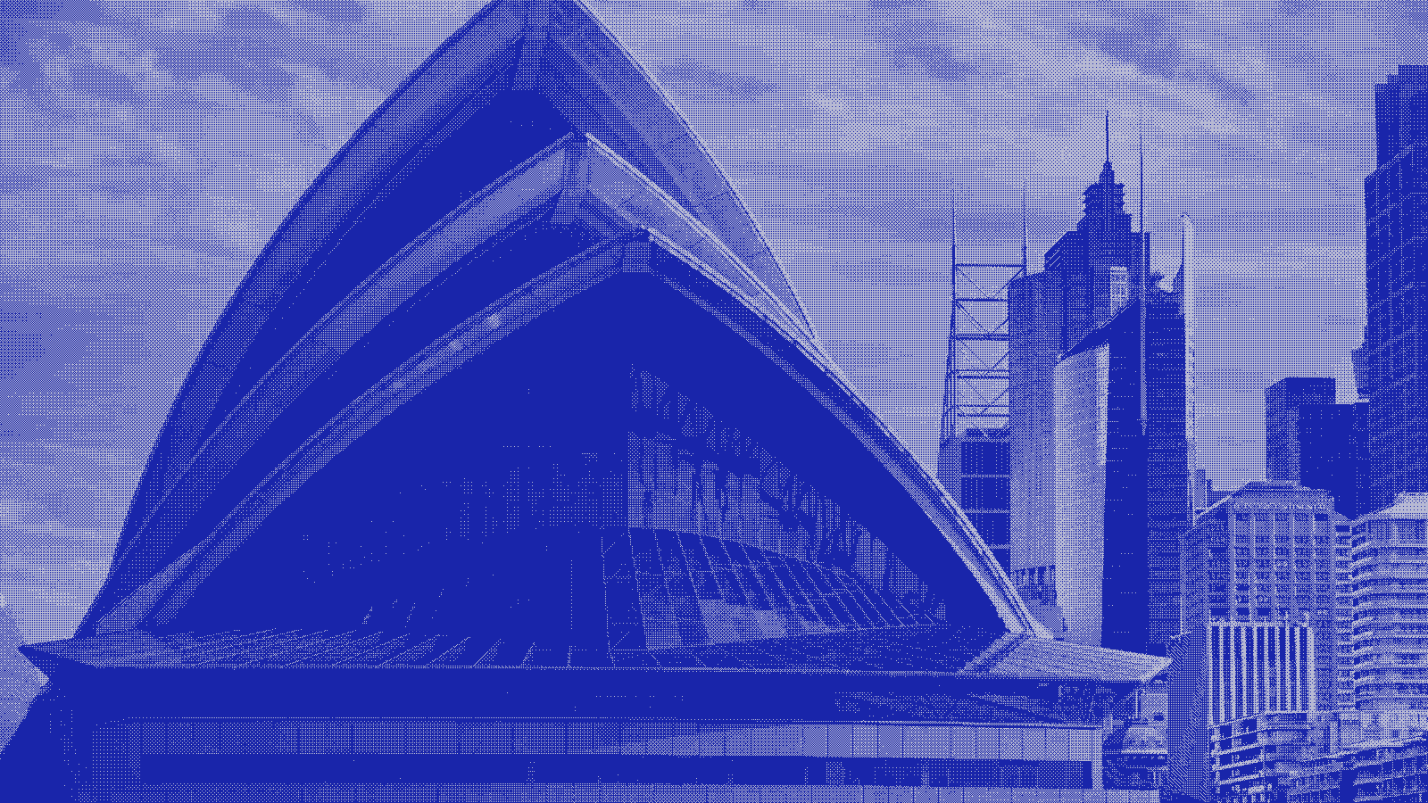 The sails of the Sydney Opera House against the city skyline, rendered as a blue two-tone dither pattern
